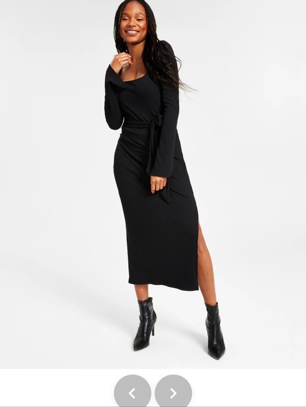 Bar III Black Ribbed Long Sleeve Maxi Dress with Waist Tie
